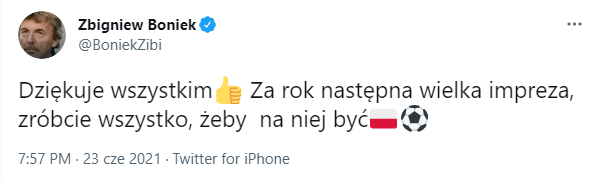 TWEET Zbigniewa Bońka po ODPADNIĘCIU z EURO 2020